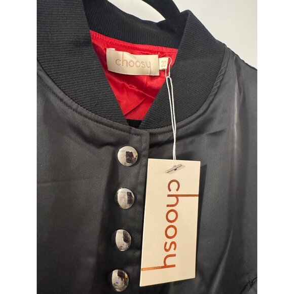 Choosy Womens Black Satin Bomber Jacket Size 20 With Button Details & Red Lining - Picture 4 of 5